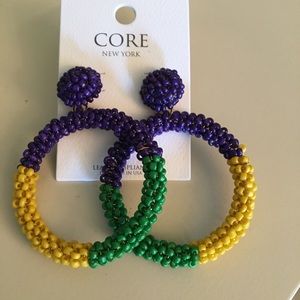 Mardi Gras Earrings Beaded Pierced New Hoops